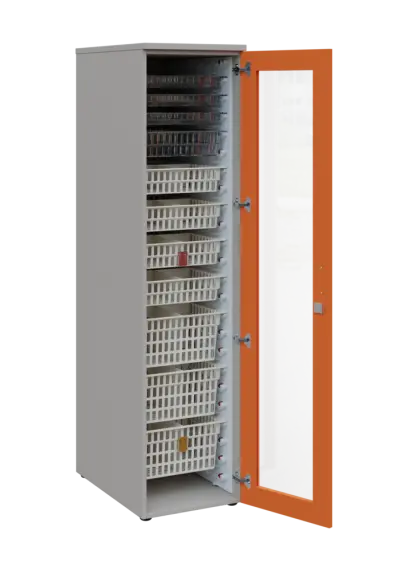 EUROMEDICA S - 46 skříň léková boxová, 1-dveřová/prosklená, pravá, 1950x460x735, korpus šedý, dvířka mandarinka